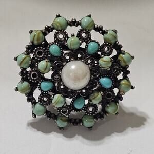 Lucky Brand‎ Silver Tone Faux Pearl Turquoise Mandala Adjustable Cocktail Ring